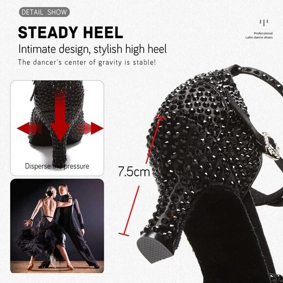 Women's Satin Latin Dance Shoes Rhinestones Ballroom Salsa Rumba Professional - Picture 4 of 7